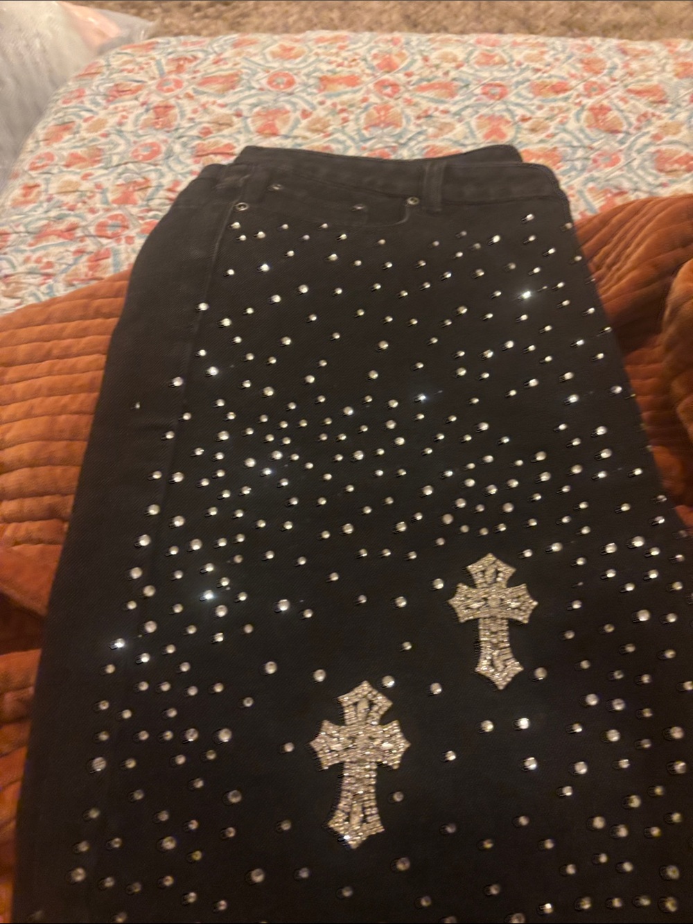 Men's Black Studded Jean Shorts with Rhinestone Detailing